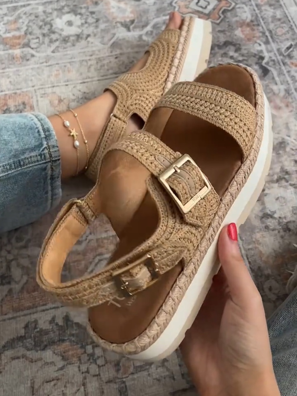 Toms Crochet Tan Platform Sandals with Buckle Detail
